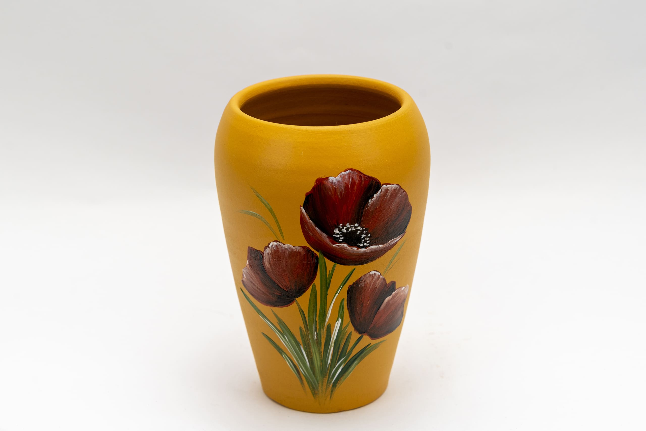 Vază din ceramică pictata manual , model maci, galben