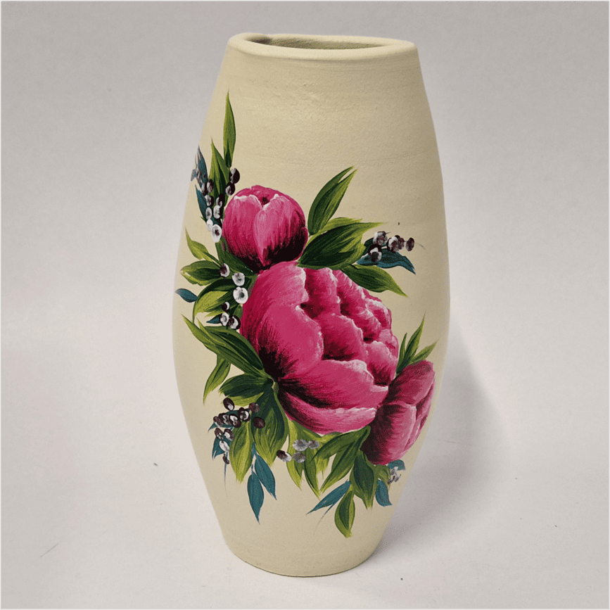 Vază din ceramică pictata manual, model bujori, crem