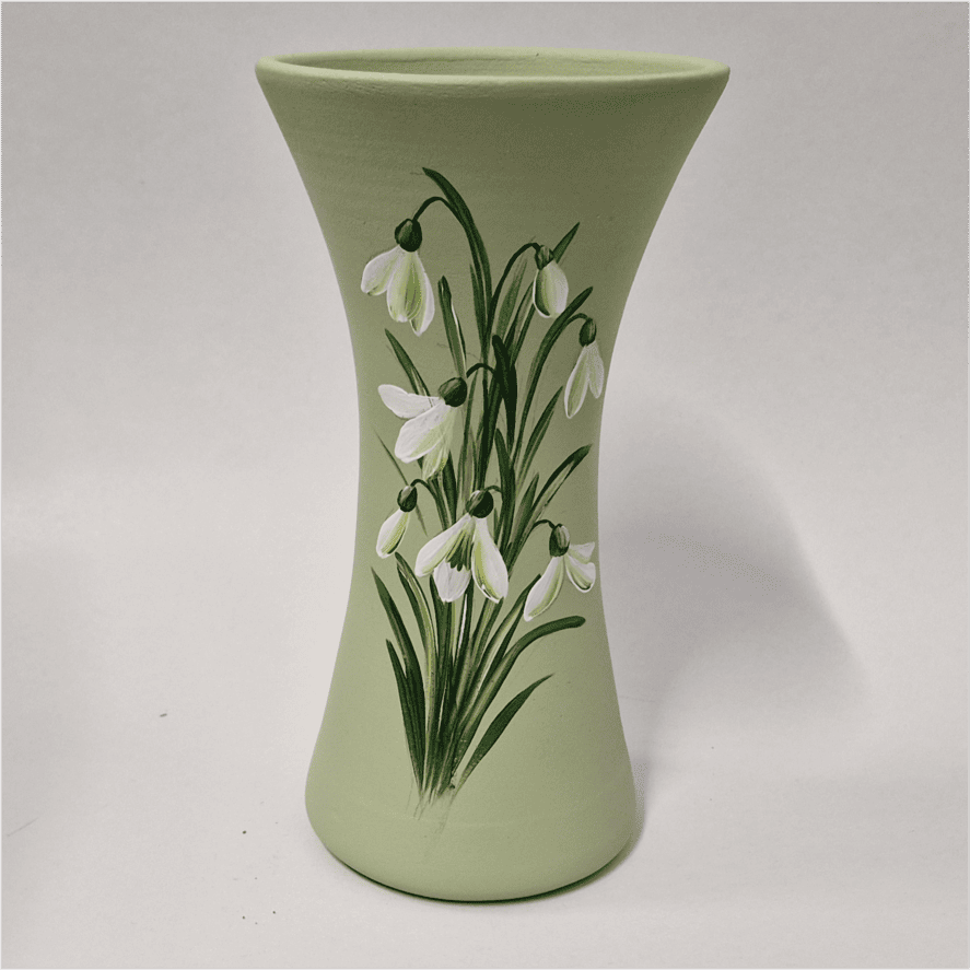 Vază din ceramică pictata manual, model ghiocei, verde