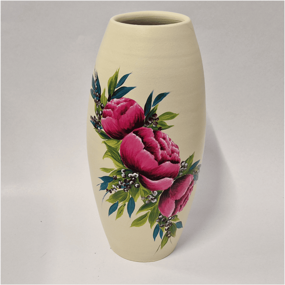 Vază din ceramică pictata manual, model bujori, crem