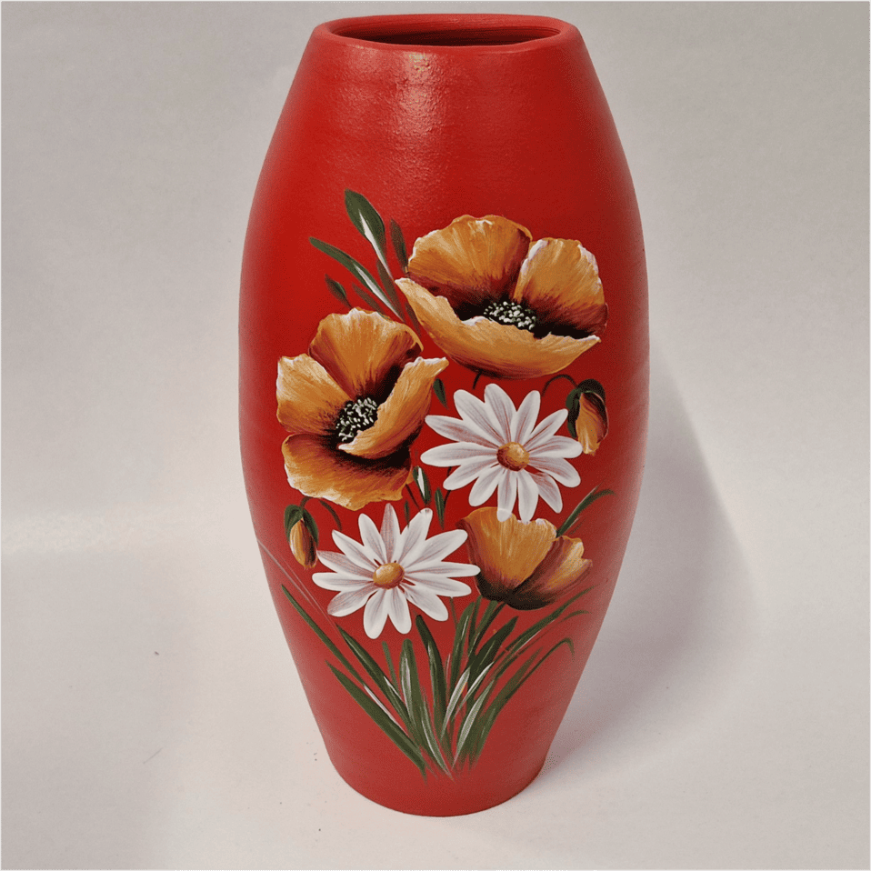 Vază din ceramică pictata manual, model maci-margarete, rosu