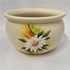 Ghiveci din ceramică, pictat manual, model margarete, crem