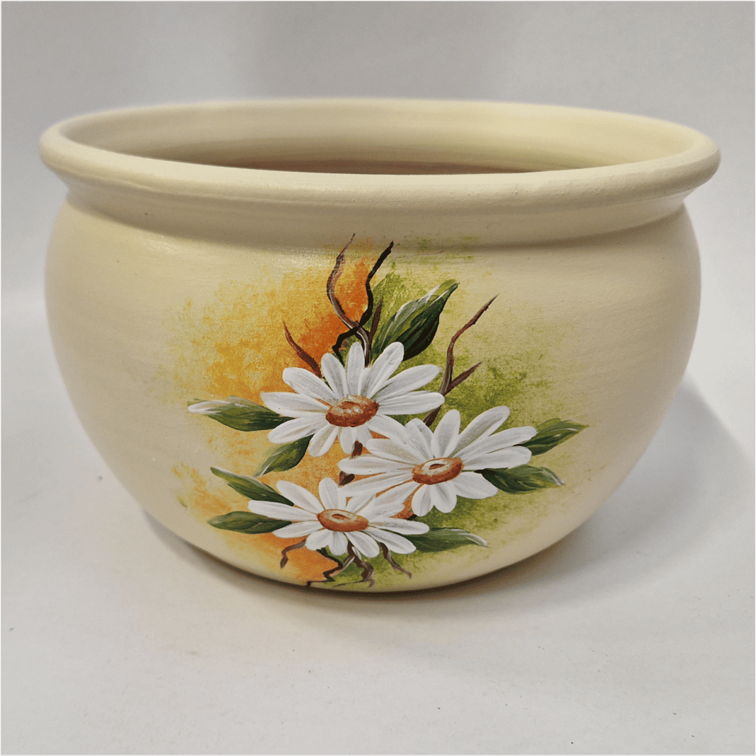 Ghiveci din ceramică, pictat manual, model margarete,crem