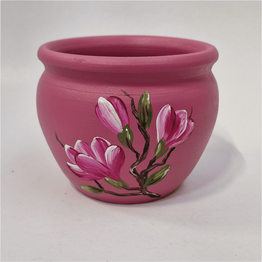 Ghiveci din ceramică, pictat manual, model magnolie, roz