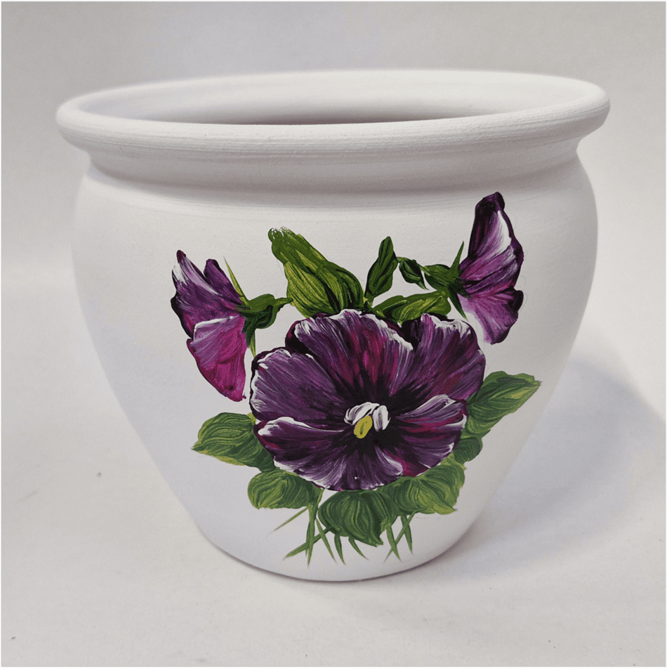 Ghiveci din ceramică, pictat manual, model panselute, alb