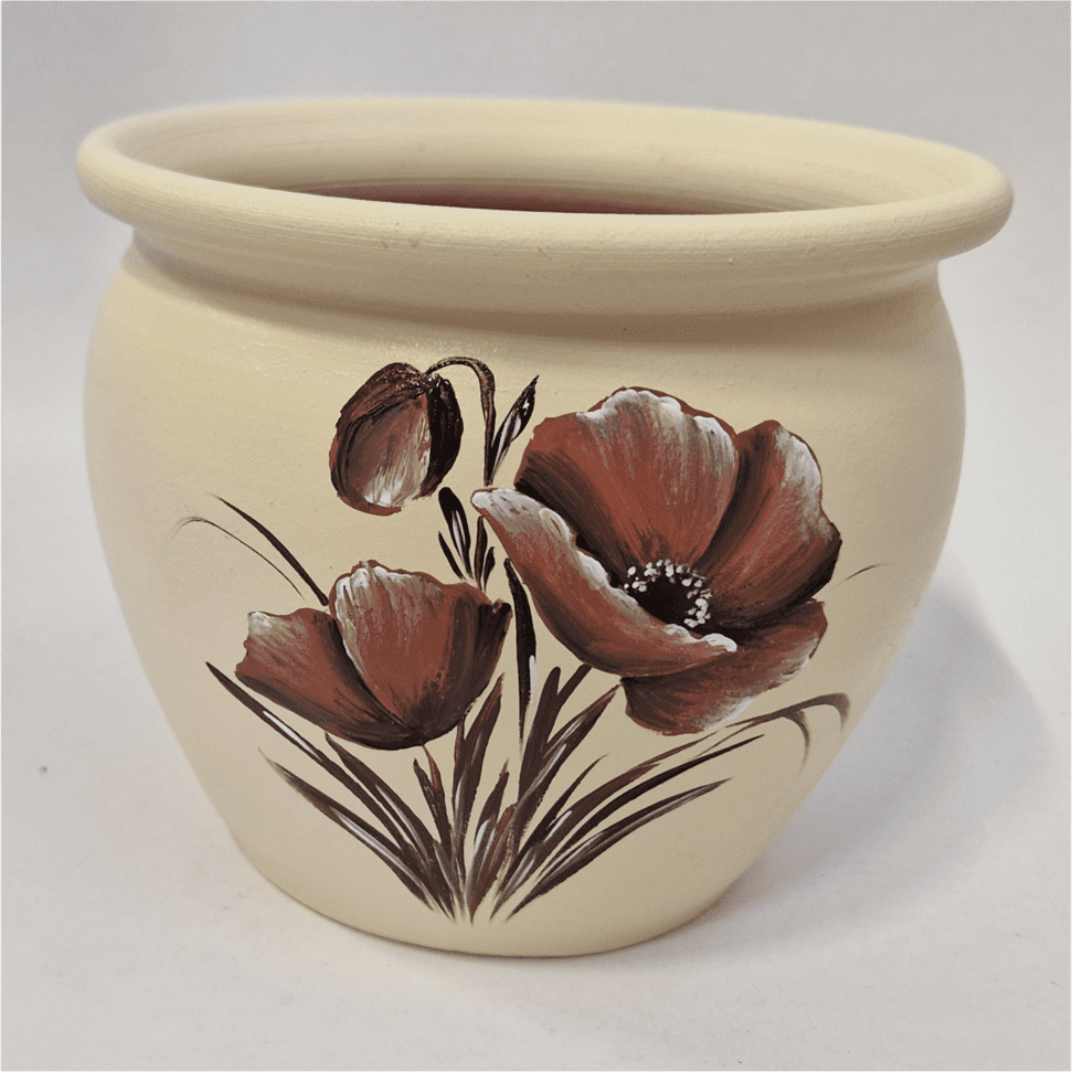Ghiveci din ceramică, pictat manual, model maci maro, crem