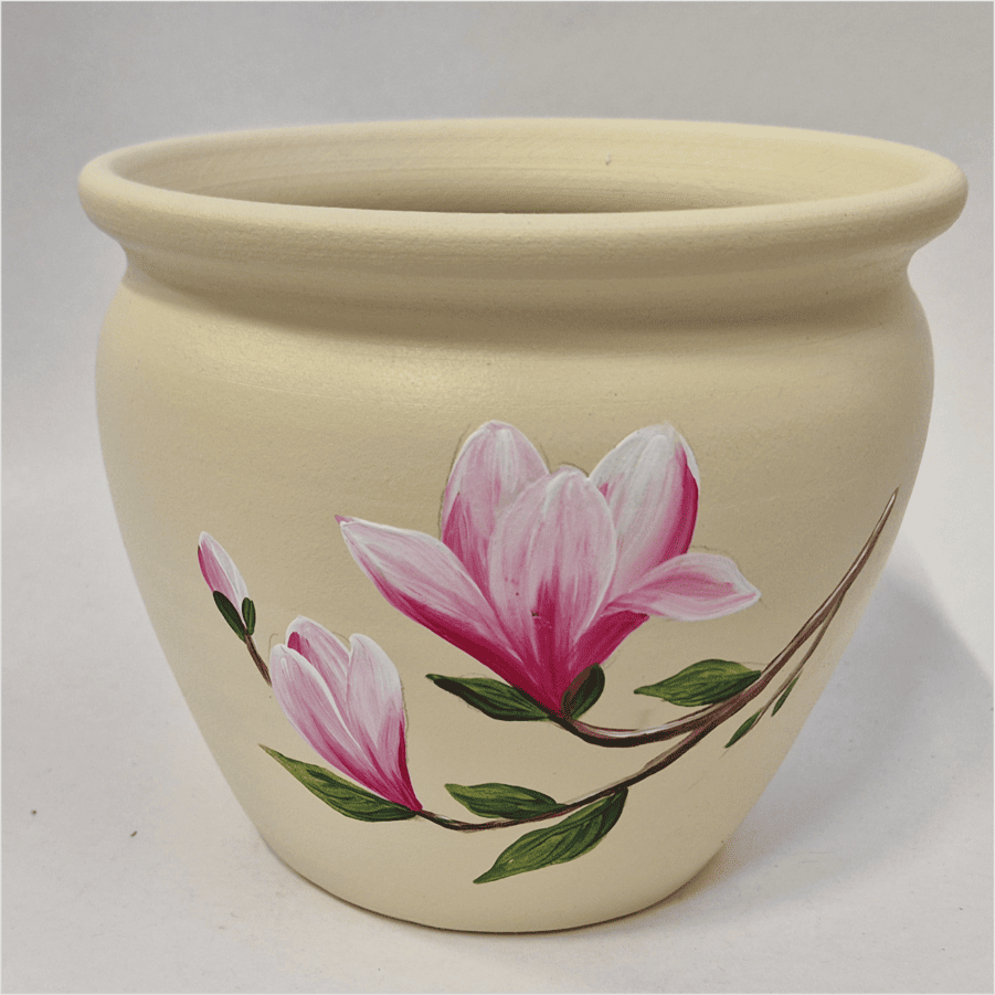 Ghiveci din ceramică, pictat manual, model magnolie, crem