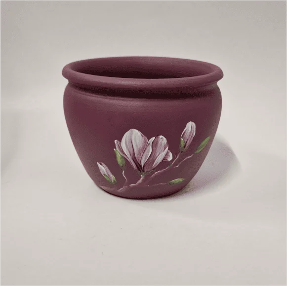 Ghiveci din ceramică, pictat manual, model magnolie, mov
