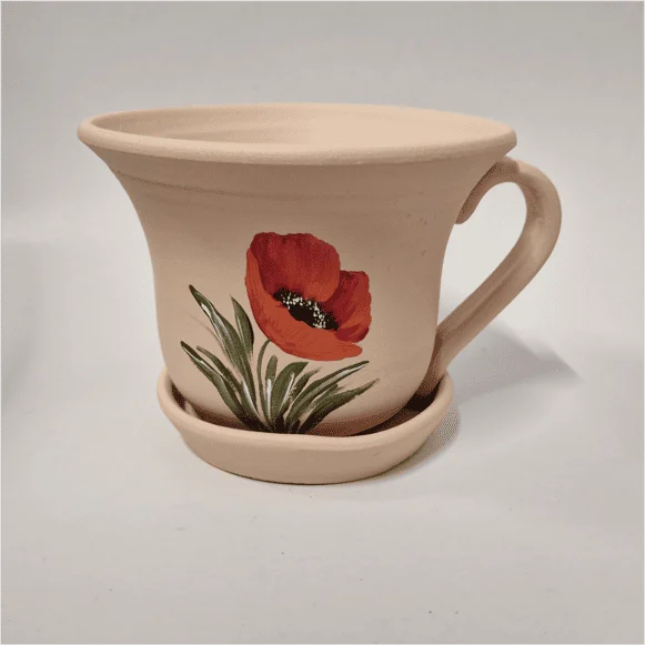 Ghiveci din ceramică, pictat manual, model maci, roz pal