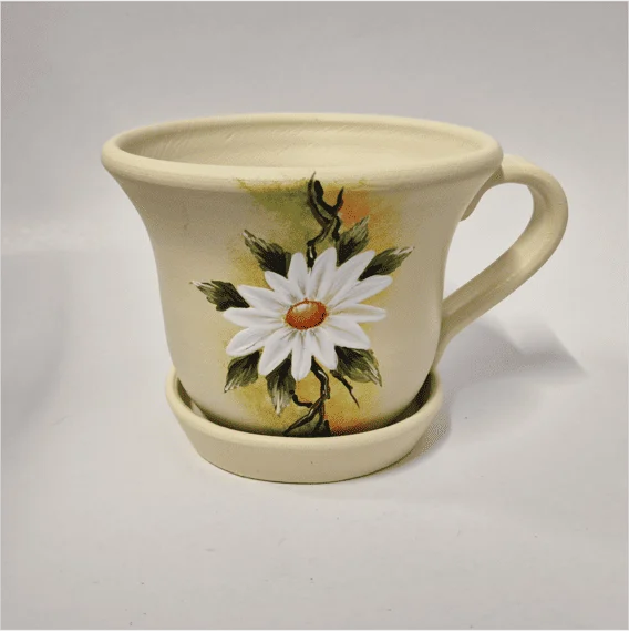 Ghiveci din ceramică, pictat manual, model margarete, crem